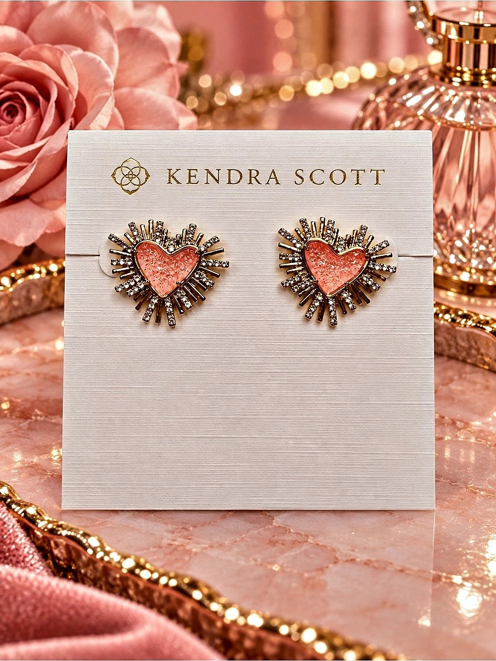 Kendra Scott Pink Heart Sunburst Statement Earrings – Gold Tone